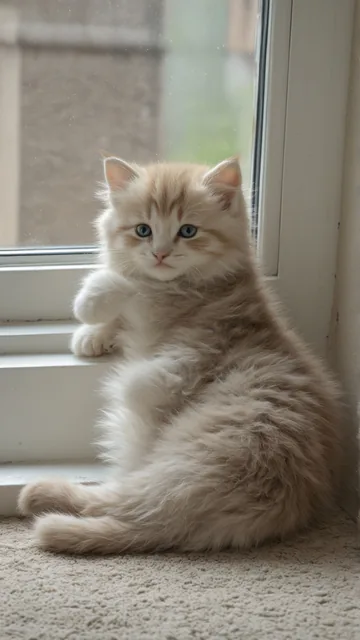 Gatito lanudo sentado junto a ventana interior