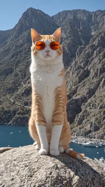 Gato anaranjado con gafas sentado en piedra frente a mar y montaña
