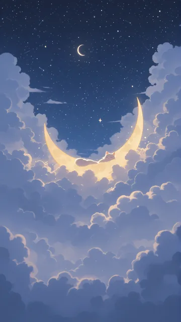 Gato acostado en forma lunar rodeado de nubes y estrellas