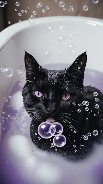 Gato negro en bañera con burbujas flotantes
