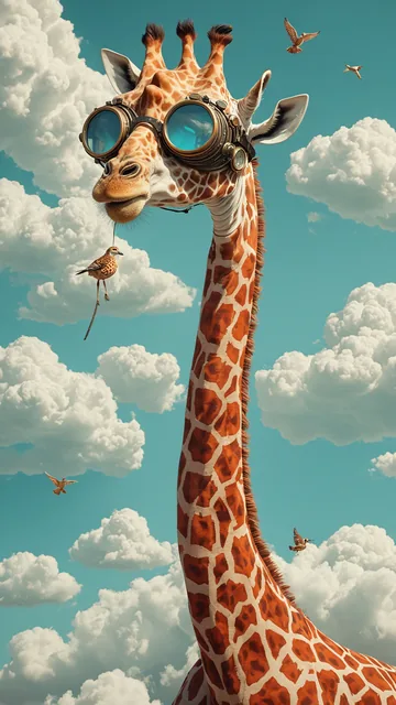 Girafa con gafas de aviador en un cielo azul con nubes