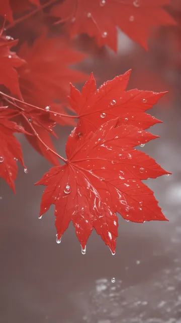 Hoja de arce rojo con gotas de agua suspendida en aire húmedo