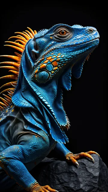 Iguana con escamas azules y espinas amarillas en entorno oscuro