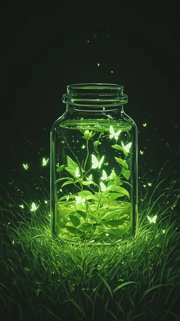 Jarrón con vegetación y insectos luminosos sobre césped
