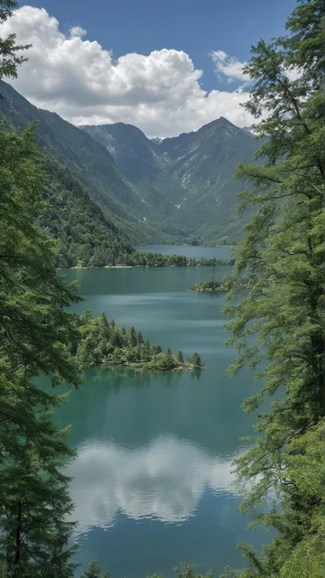 Lago rodeado por montes densos y árboles en primer plano