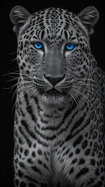 Leopardo con patrones de manchas y ojos azules sobre fondo negro
