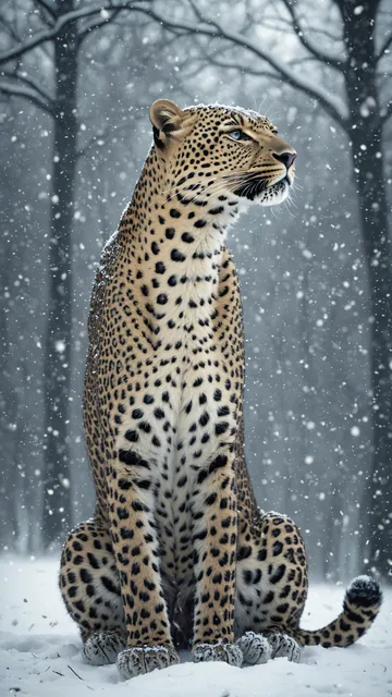 Leopardo en posición sentada sobre nieve en bosque invernal