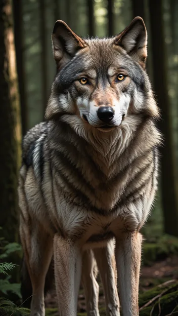 Lobo de pelaje moteado en bosque con luz filtrada