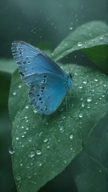 Mariposa azul sobre hoja con gotas de agua en entorno húmedo