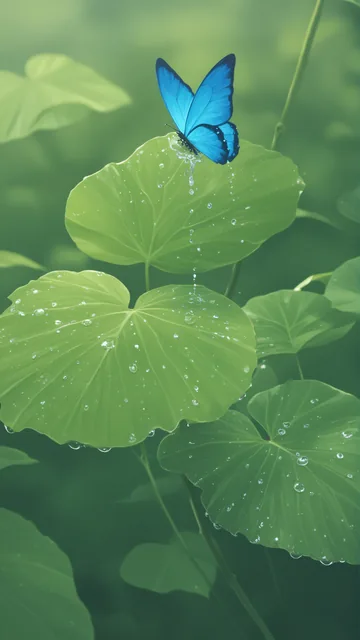 Mariposa azul sobre hoja grande con gotas de agua