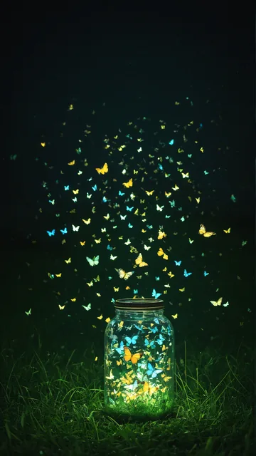 Frascos con mariposas brillantes emergiendo del césped