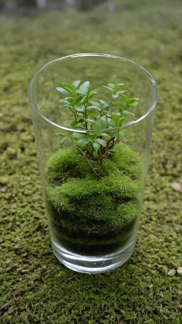 Jardín miniatura en vaso de cristal con musgo verde sobre fondo similar