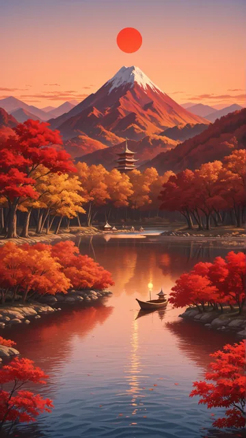 Lago rodeado por árboles de otoño con montaña al fondo