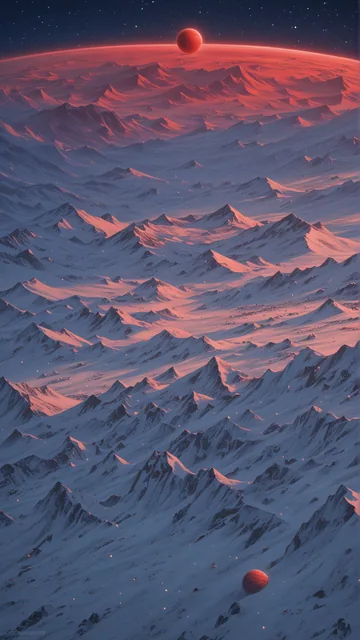 Landscape of snow-covered mountains under a starry sky with red sun