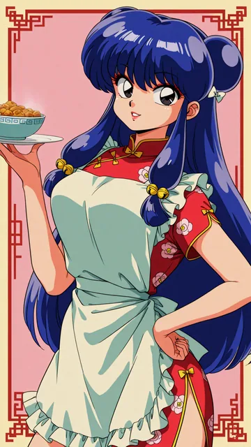 Niña de cabello azul sosteniendo tazón en vestido tradicional
