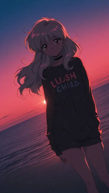 Niña de cabello largo en playa al atardecer con sudadera