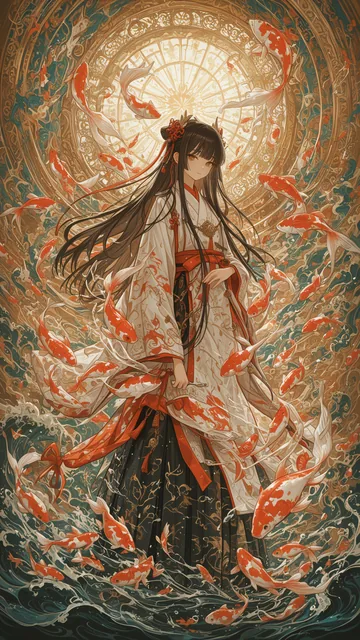 Joven con vestido tradicional rodeada de peces koi en entorno circular