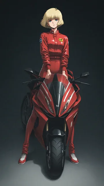 Chica en traje rojo sentada en moto deportiva