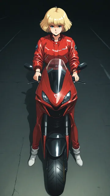 Chica en moto deportiva roja sobre asfalto oscuro