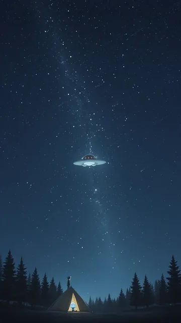 Noche estrellada con nave alienígena sobre tienda en bosque