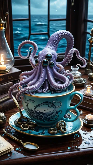 Octopucho en taza de té con diseño náutico, al lado de objetos de escritorio