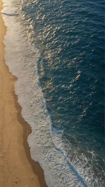 Olas rompiendo suavemente sobre arena dorada en vista aérea