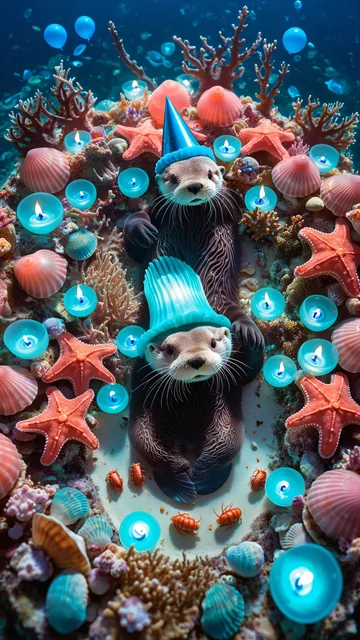 Dos ototes en coral con velas y conchas bajo el agua