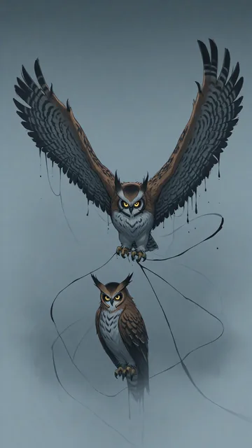 Dos búhos en vuelo sobre fondo gris uniforme