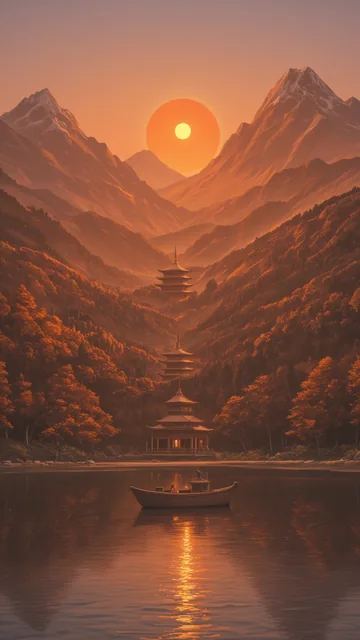 Montaña con templo y barco en lago al atardecer