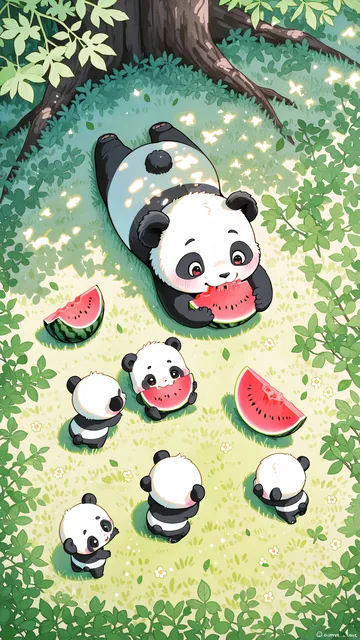 Pandas comiendo sandía bajo árbol en parque