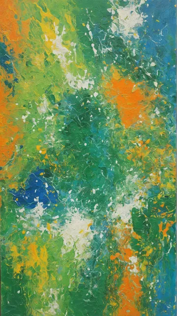 Pintura abstracta con manchas de color verde, azul y naranja