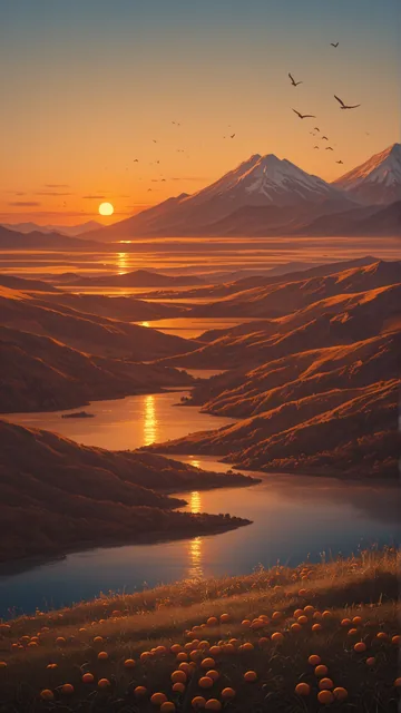 Montaña con río y cielo anaranjado al atardecer
