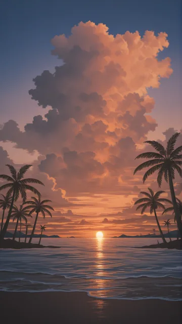 Atardecer en playa con palmeras y nubes coloridas