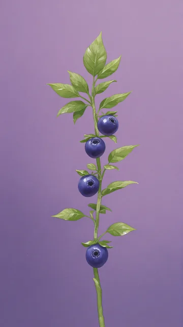 Rama con frutos azules y hojas verdes sobre superficie púrpura