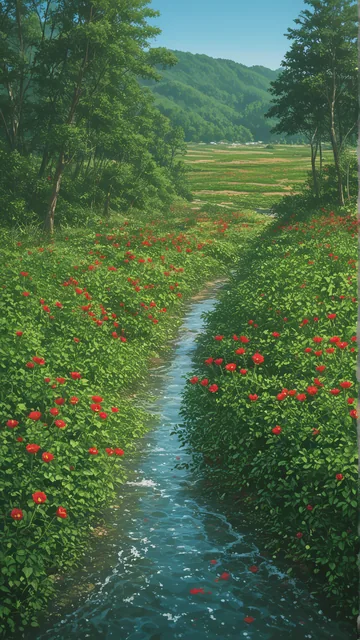 Río flanqueado por vegetación con flores rojas en un entorno natural