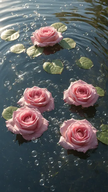 Rosas frescas flotando en superficie acuática con hojas y burbujas