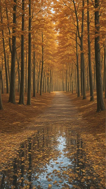 Camino forestal en otoño con hojas caídas y charco
