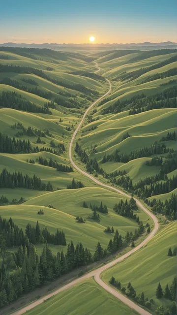Vista aérea de camino entre colinas cubiertas de bosque