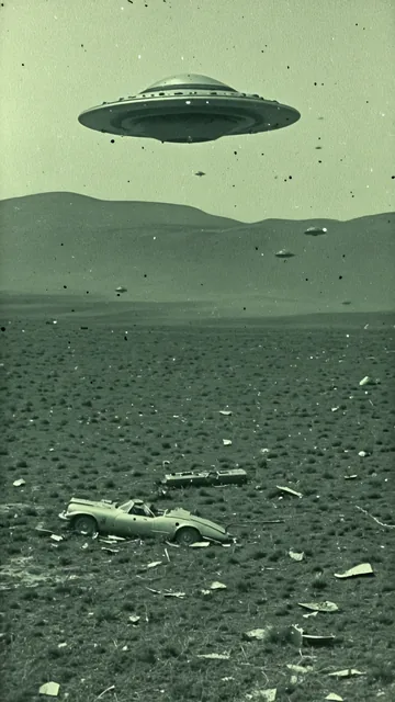 Vehículos dañados en campo abierto bajo presencia de naves extraterrestres