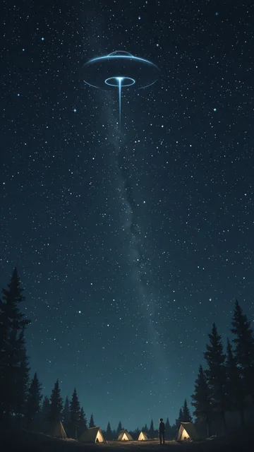 Nave extraterrestre sobre campamento nocturno en bosque