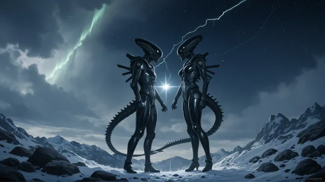 Dos criaturas alienígenas en un paisaje montañoso nevado bajo tormenta