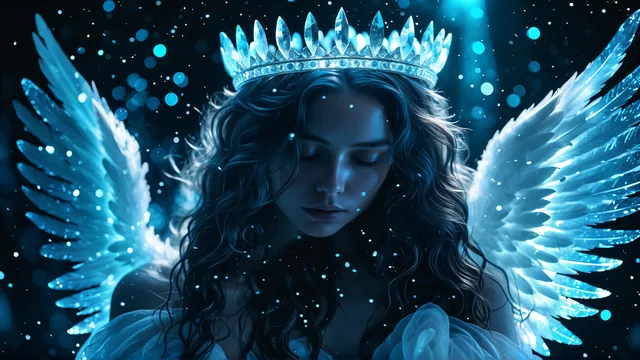 Joven con alas blancas y corona cristalina en entorno estrellado azul