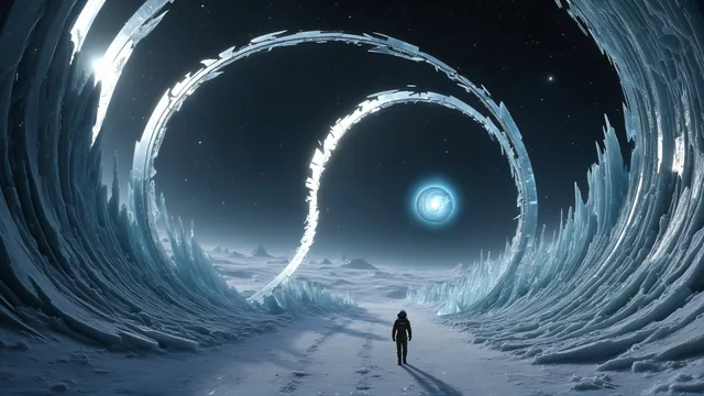 Explorador en túnel helado con anillos luminosos