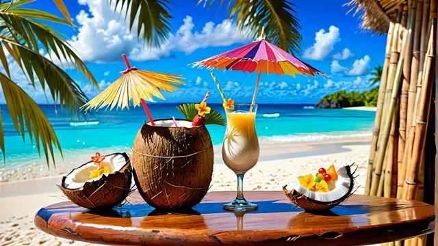 Bebidas tropicales en mesa de playa con mar al fondo