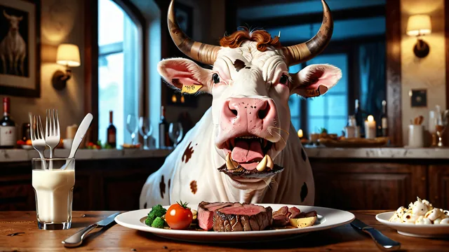 Buey comiendo carne en una mesa de cocina