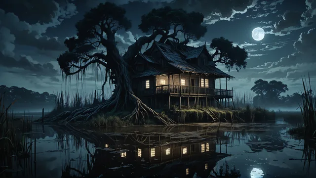Casa de madera con raíces en pantano bajo luna