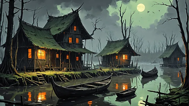 Casas de madera sobre pilotes en lago con árboles secos y luna