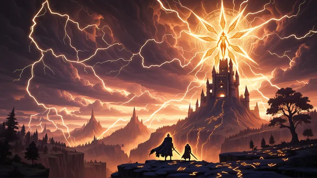 Castillo en montaña bajo tormenta eléctrica con figura celestial