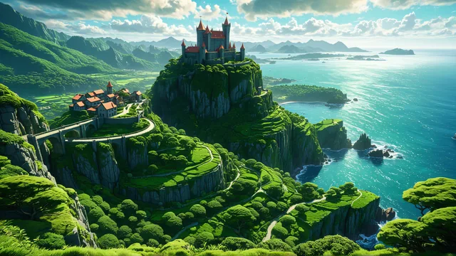 Castillo medieval en cima de acantilado con mar aledaño