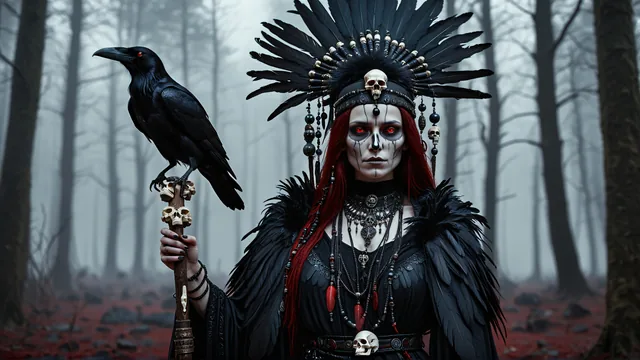 Chica con plumas negras y cuervo en bosque neblinoso